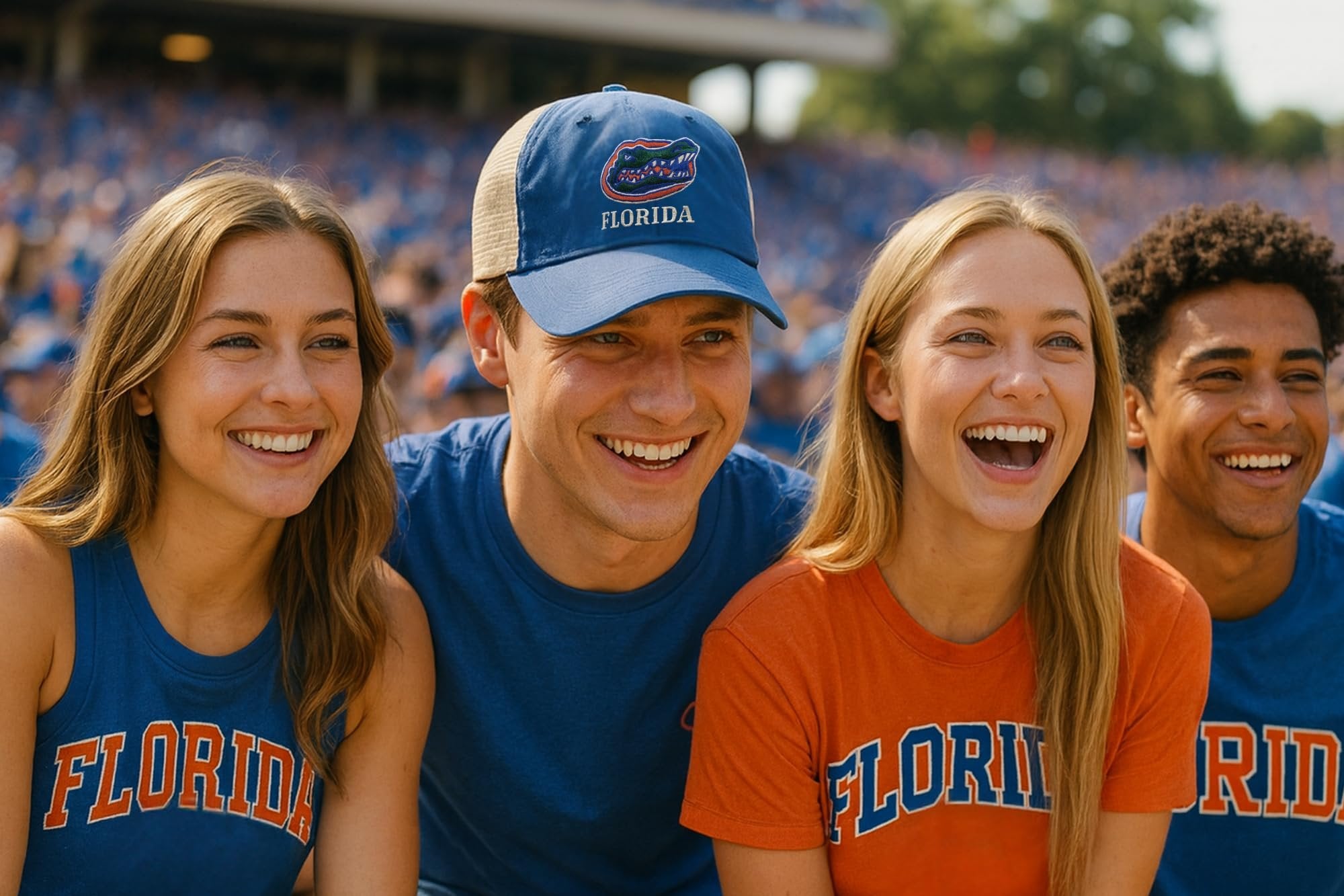 Officially Licensed University Florida Gators Mesh Trucker Hat Classic Blue/Khaki Embroidered Gators Team Logo Adjustable Snapback Sports Baseball Cap