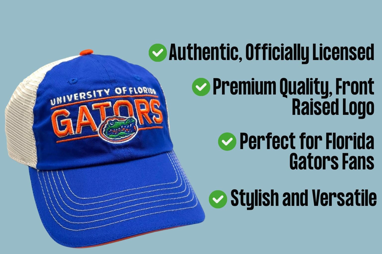 Officially Licensed University of Florida Gators Blue Mesh Trucker Snapback Hat Classic Primary Home Embroidered Team Logo Adjustable Baseball MVP Sports Ball Cap