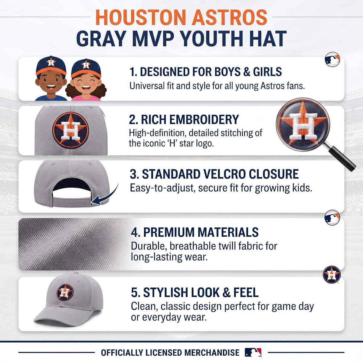 Houston Astros Gray MVP Youth Hat Embroidered Logo Cap for Boys and Girls