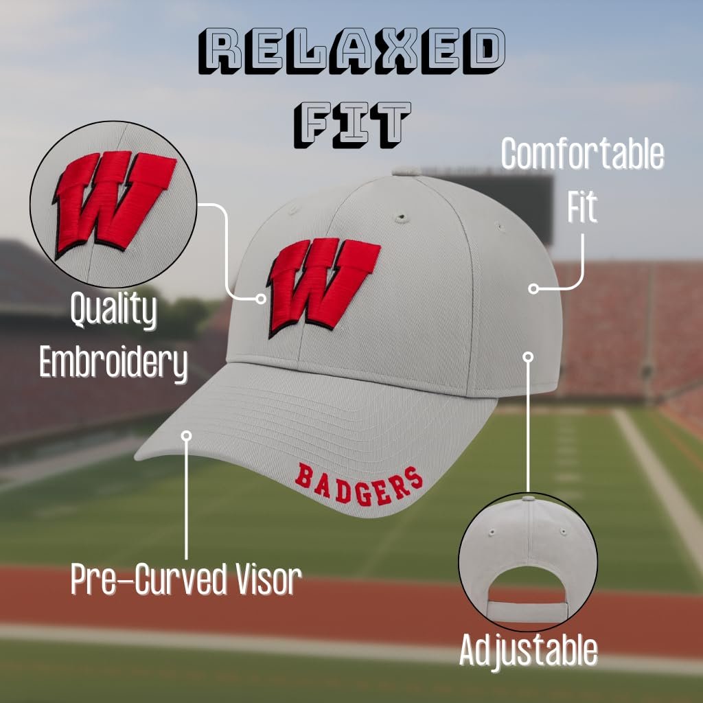 Officially Licensed University Wisconsin Badgers Classic Edition Gray/Red Clean Up Hat Primary Badgers Relaxed Fit Embroidered Team Logo Adjustable Sports Ball Cap