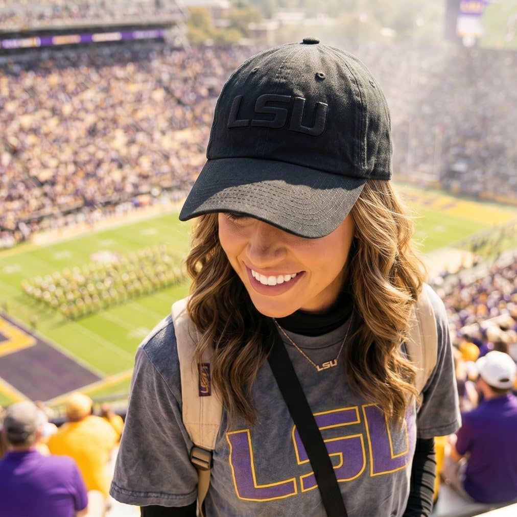Officially Licensed LSU University Classic Edition Black Clean Up Hat Adjustable Relaxed Fit Tigers Primary Home Team Logo Embroidered Baseball Cap