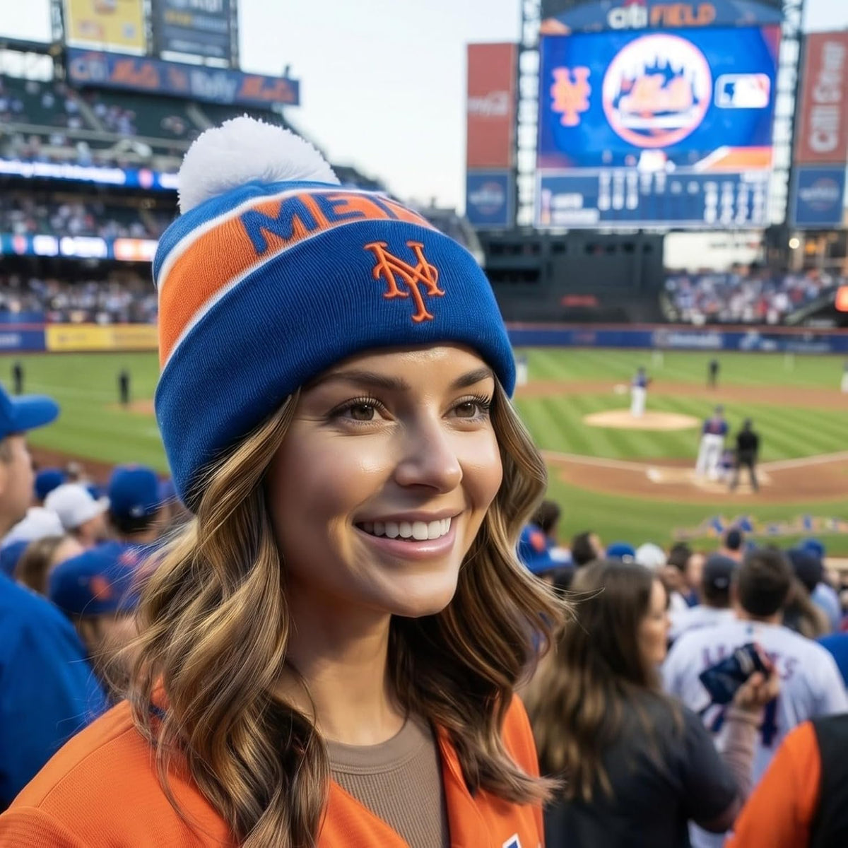 New York Mets Multicolor Cuff Knit Beanie with Pom Blue Orange, Unisex