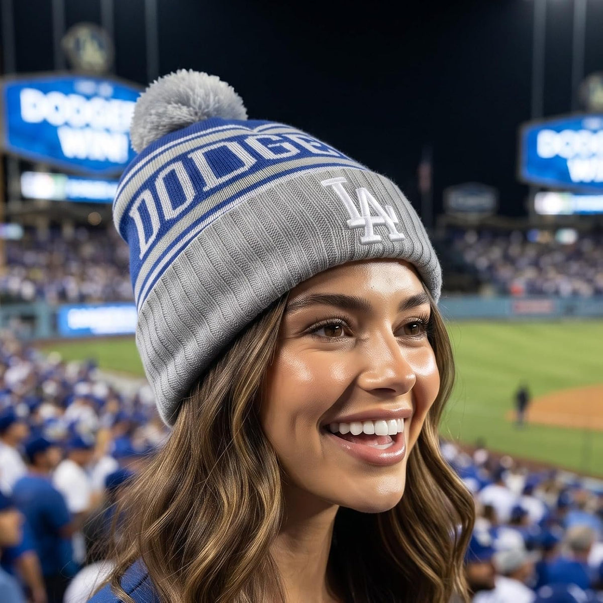 Los Angeles Dodgers Blue Gray Cuff Knit Pom Beanie, Iconic LA Logo in Front