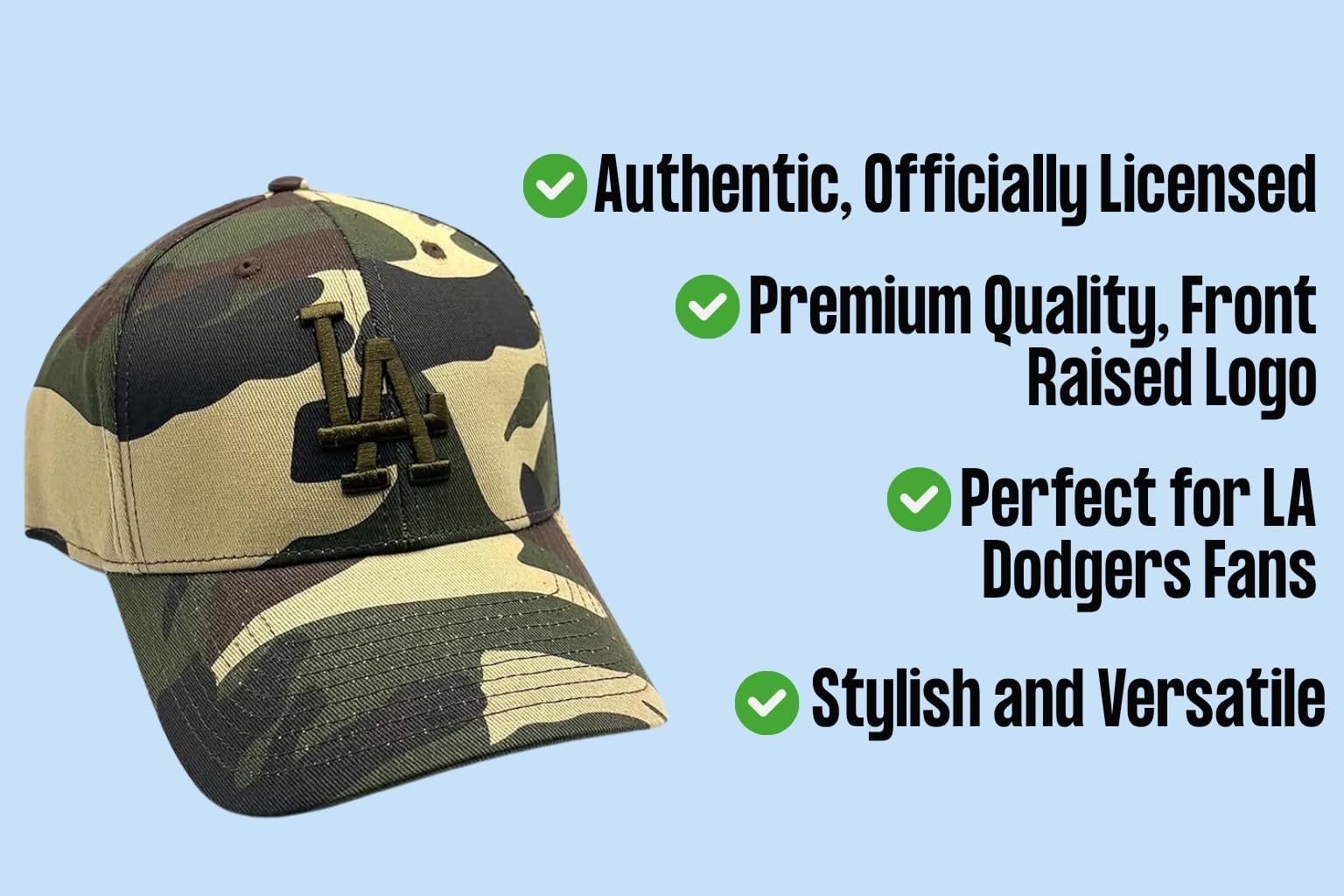Officially Licensed Los Angeles Dodgers Baseball Camouflage Hat Classic LA Blue Team Logo Adjustable MVP Structured Embroidered Cap