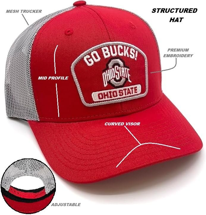 Officially Licensed Ohio State Red/Gray Mesh Trucker MVP Sports Hat Classic Buckeyes Embroidered Team Logo Adjustable Structured Snapback Sports Cap