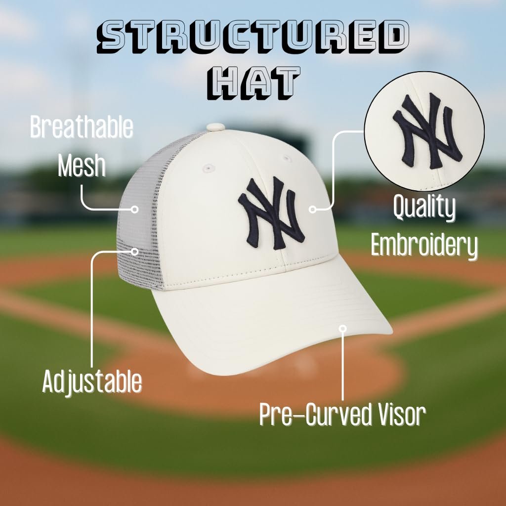 Officially Licensed New York Yankees Baseball White/Navy Mesh Trucker MVP Hat Classic Primary Home Team Logo Adjustable Embroidered NY Blue Structured Snapback Sports Ball Cap