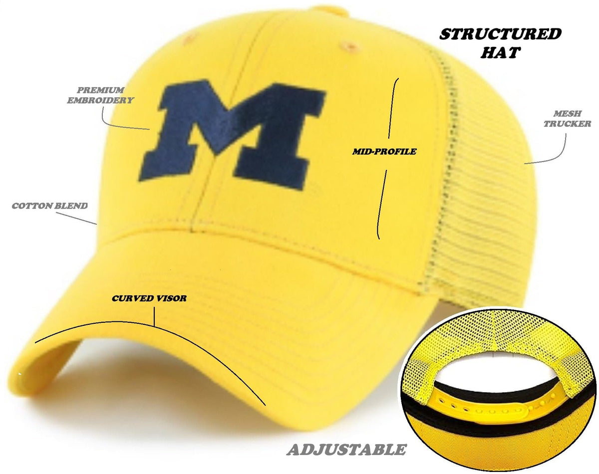 Michigan Wolverines University Yellow/Navy Mesh Trucker Hat Classic Primary Team Logo Adjustable Embroidered Snapback Blue Sports Cap