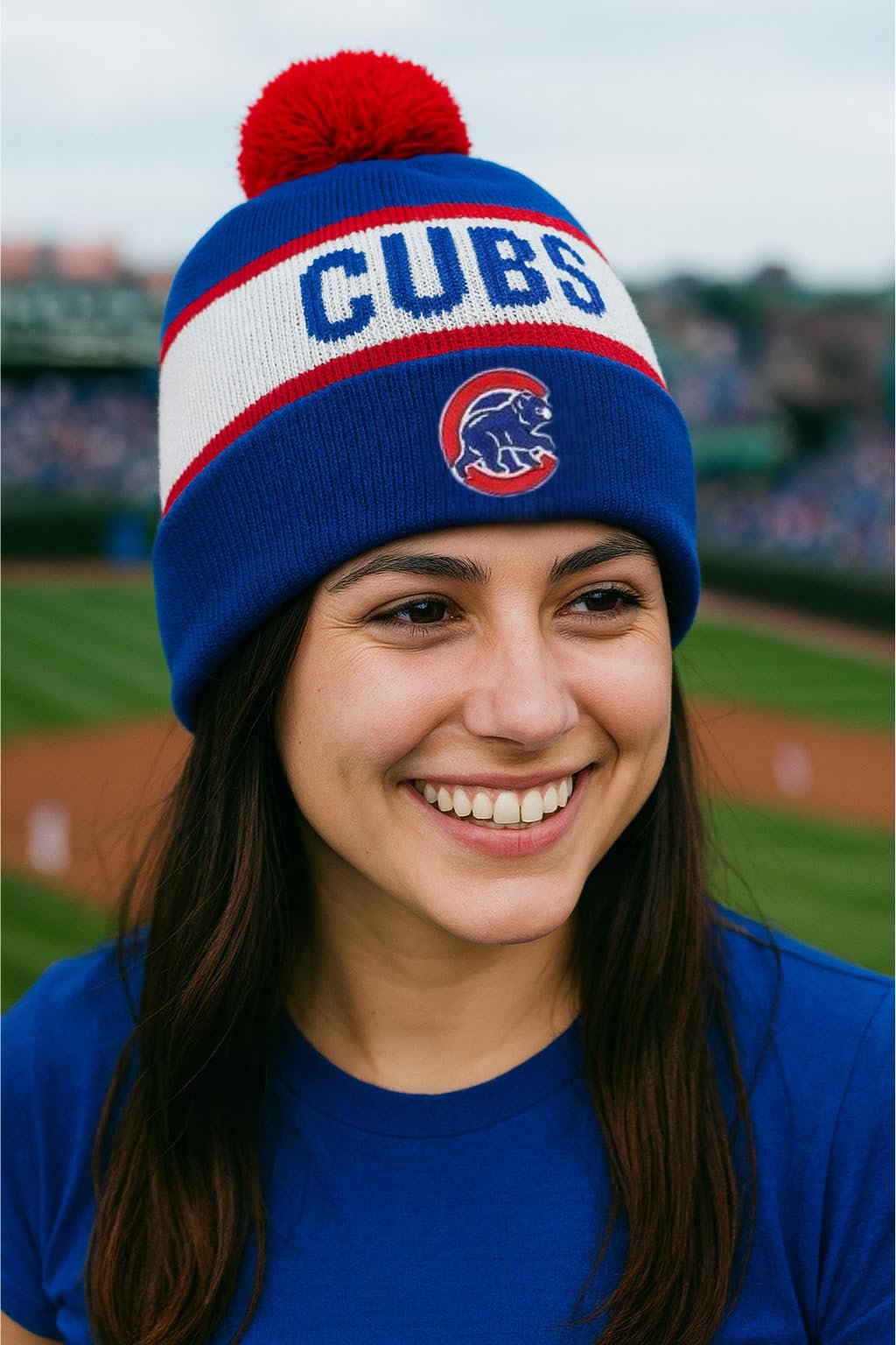 Officially Licensed Chicago Cubs Baseball Cuffed Knit Pom Beanie Hat Classic Edition Cubs Embroidered Team Logo Royal Blue Winter Sports Cap