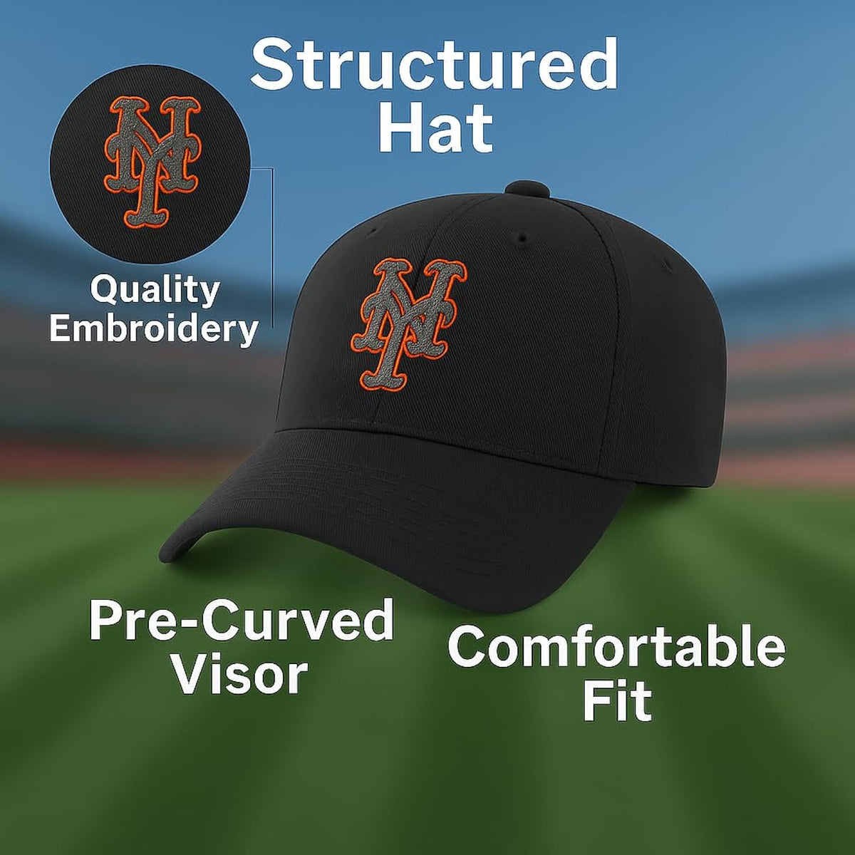 Officially Licensed NY Mets Black MVP Hat Classic Team Logo Adjustable Embroidered Solid Baseball Cap