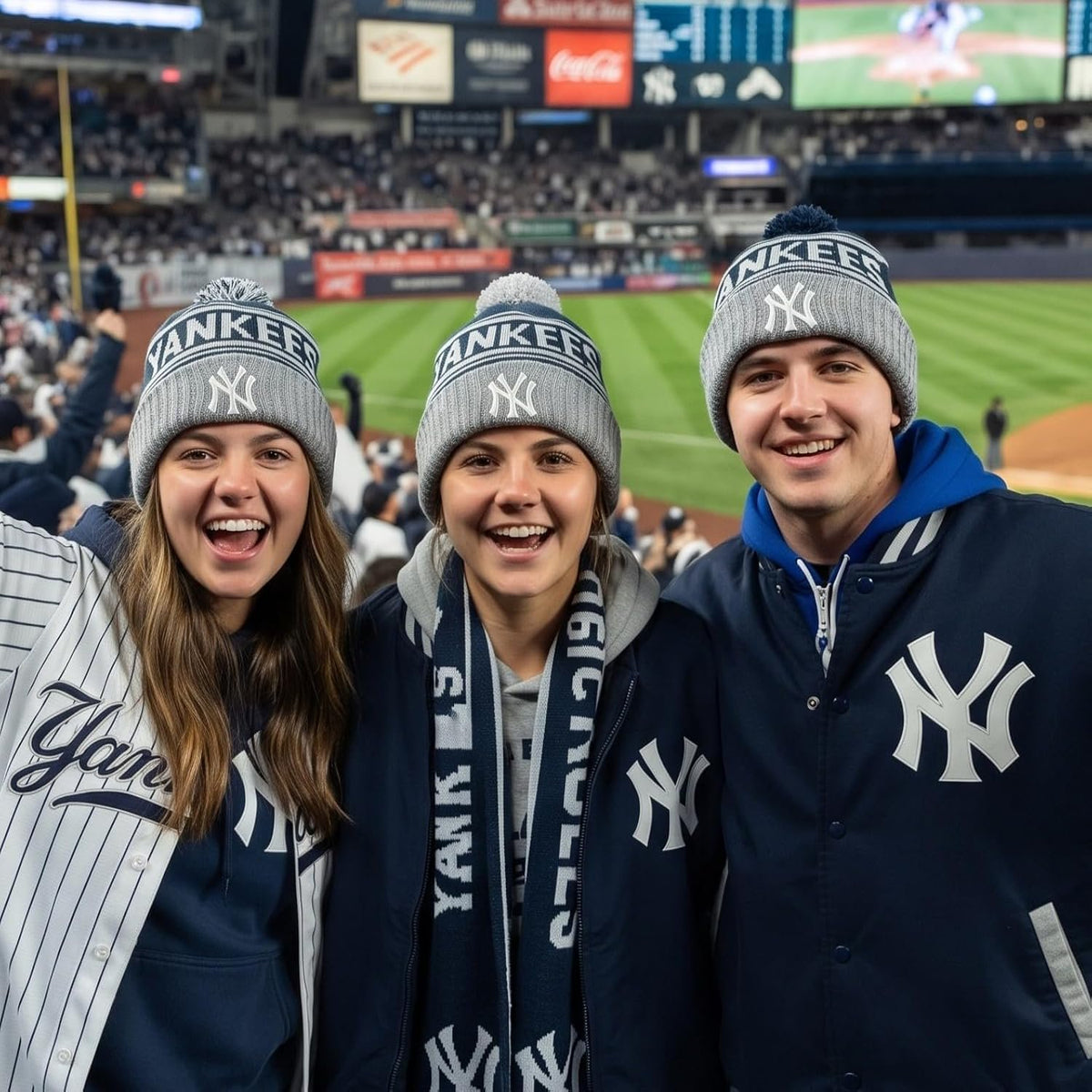 New York Yankees Navy & Gray Cuff Knit Pom Beanie, Iconic NY logo in front