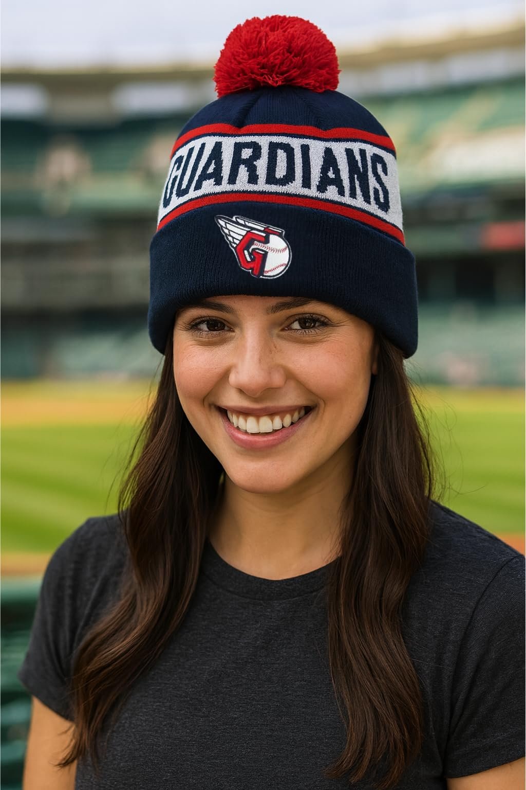 Officially Licensed Cleveland Guardians Baseball Cuffed Knit Pom Beanie Hat Classic Edition Primary Home Team Logo Navy Blue Winter Sports Embroidered Ball Cap