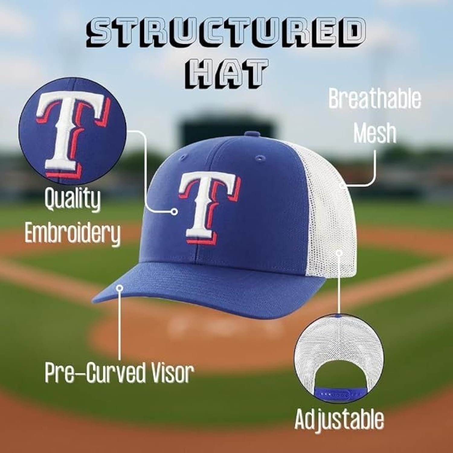 Texas Rangers Two-Tone Blue/White Mesh Trucker Hat Adjustable Embroidered Structured Sports Cap