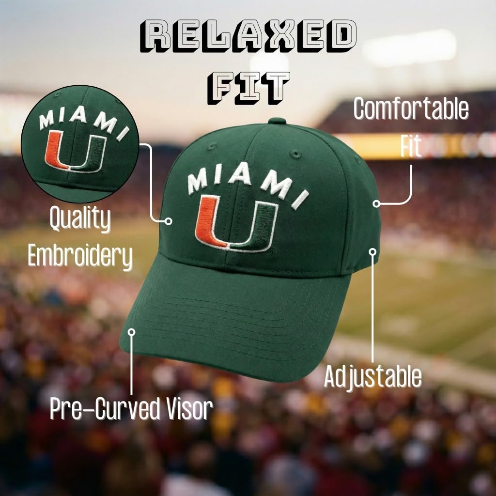 Officially Licensed University Miami Hurricanes Hat Classic Relaxed Fit Team Logo Adjustable Embroidered Cap