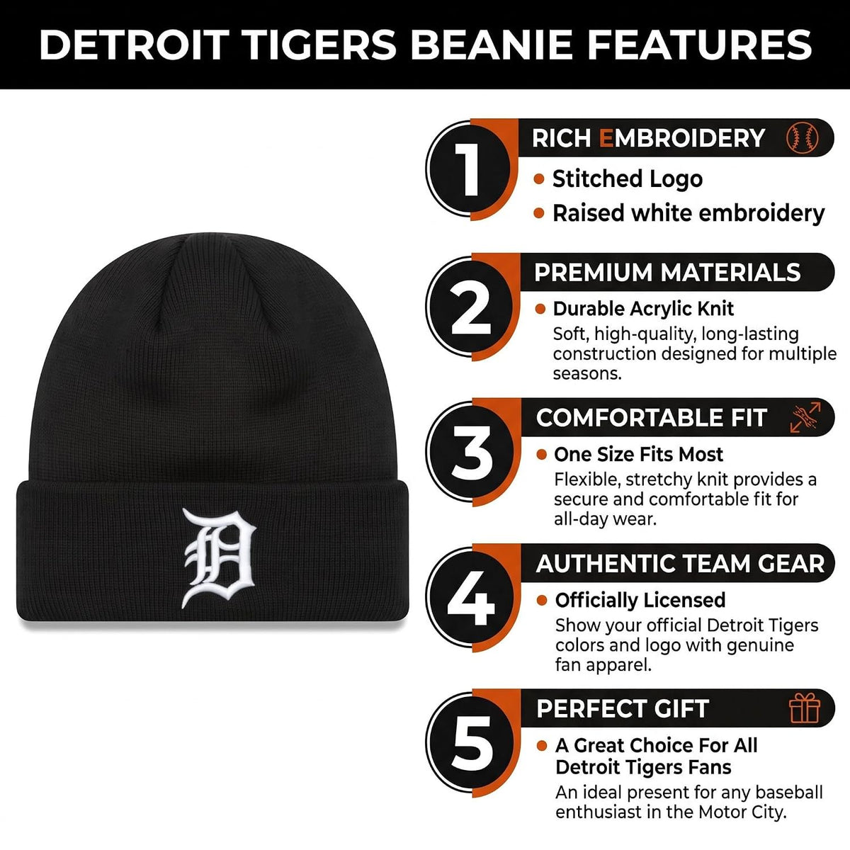 Detroit Tigers Black Cuff Knit Beanie Iconic White 'D' Embroidered Logo