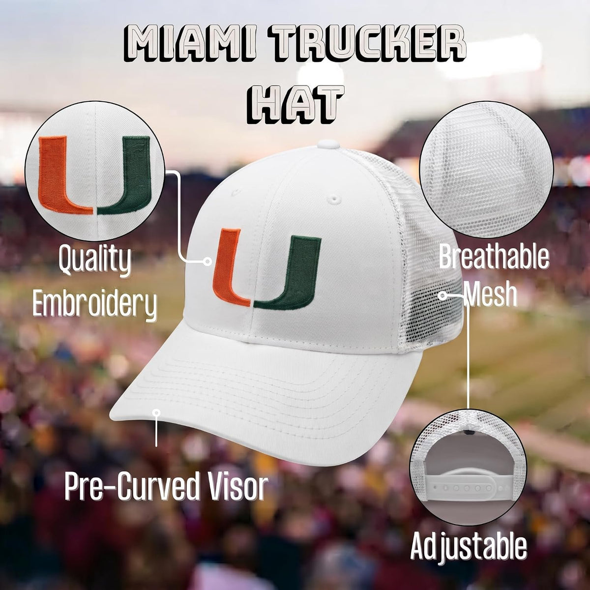 University of Miami White Mesh Trucker Hat Iconic UM Embroidery Cap