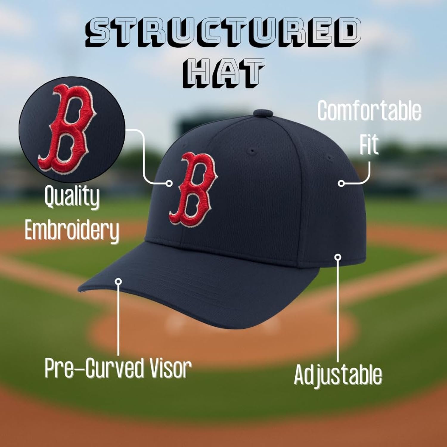 Officially Licensed Boston Red Sox Youth Navy Hat Adjustable Embroidered Sports Cap for Youth fans
