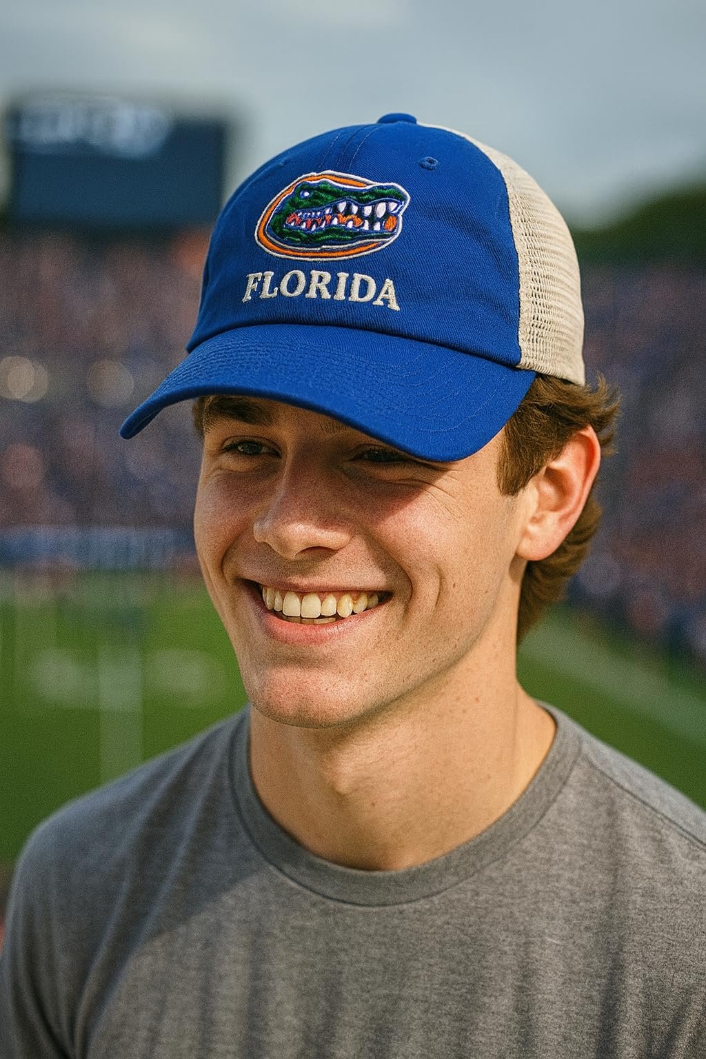 Officially Licensed University Florida Gators Mesh Trucker Hat Classic Blue/Khaki Embroidered Gators Team Logo Adjustable Snapback Sports Baseball Cap