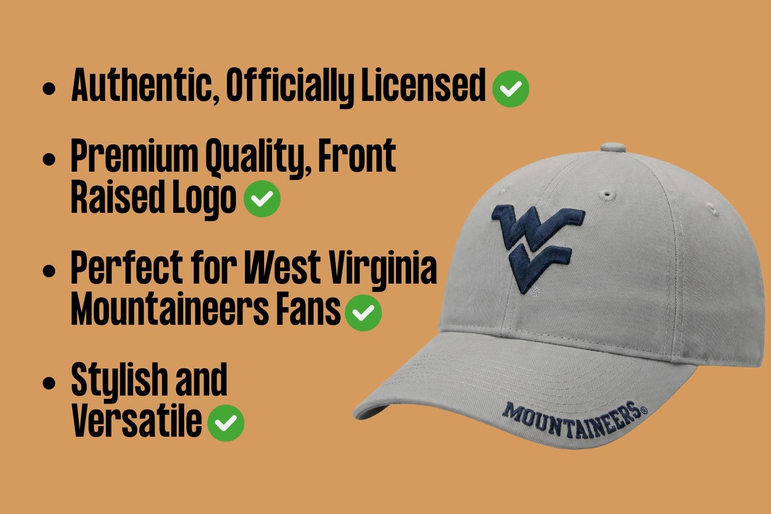 Officially Licensed West Virginia Mountaineers Hat Classic Edition Gray Relaxed Fit Adjustable University Primary Team Logo Baseball Sports Cap