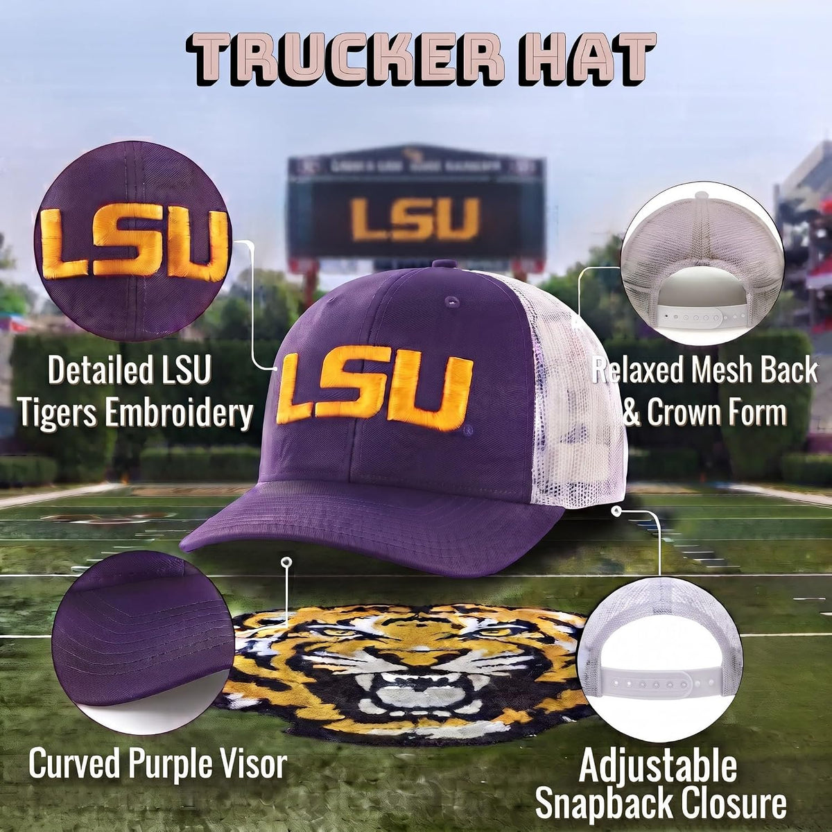 LSU Tigers Two Tone Mesh Trucker Hat Purple/White Adjustable Unisex Cap