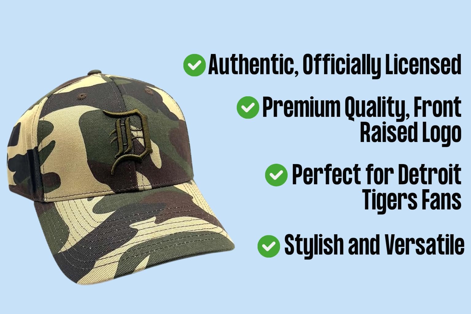 Officially Licensed Detroit Tigers Baseball Camouflage Hat Classic Orange Team Logo Adjustable MVP Structured Embroidered Cap