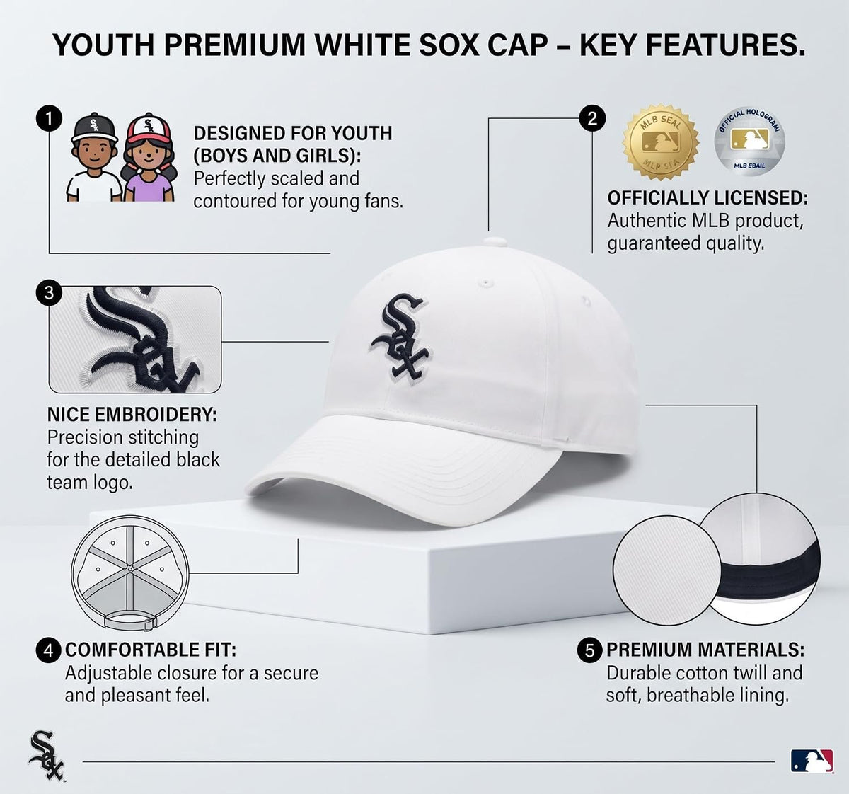Chicago White Sox Youth MVP Hat White with Black Logo Cap for Boys & Girls
