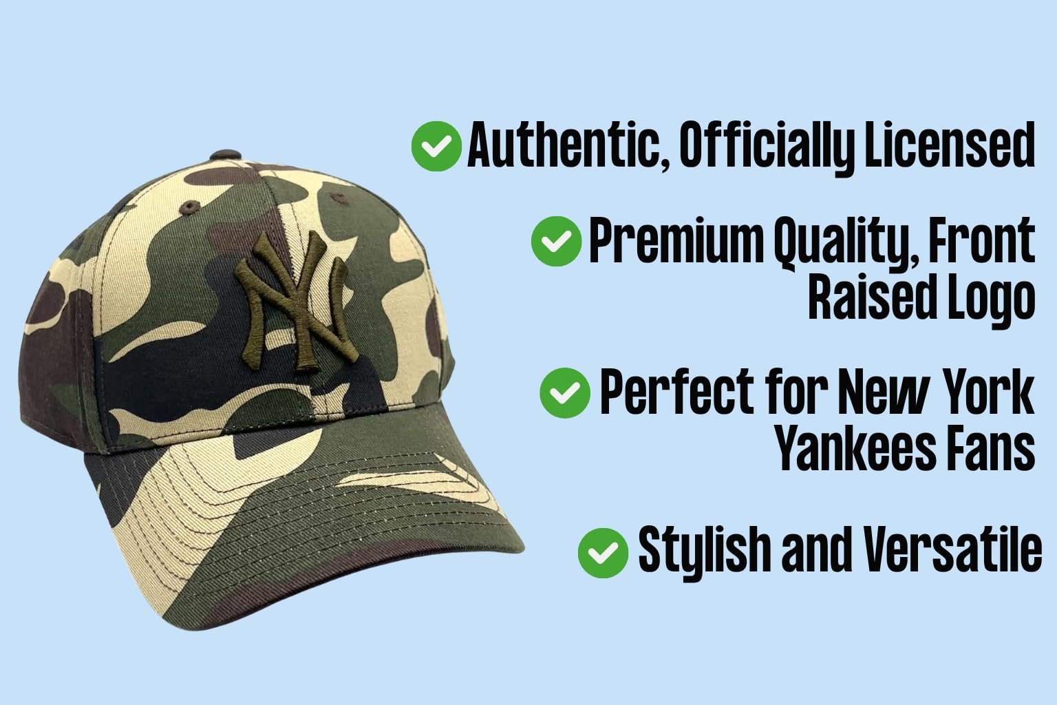 Officially Licensed New York Yankees Baseball Camouflage Hat Classic NY Team Logo Adjustable MVP Structured Embroidered Cap