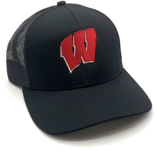 Officially Licensed University Wisconsin Hat Black Classic Mesh Trucker Adjustable Badgers Embroidered Team Logo Structured Cap