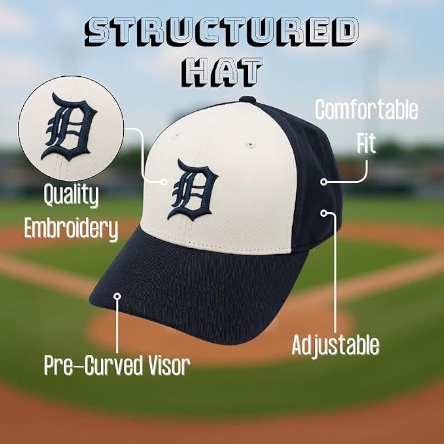 Detroit Tigers Hat Two-Tone Navy Blue/White Baseball Adjustable Embroidered Sports Cap