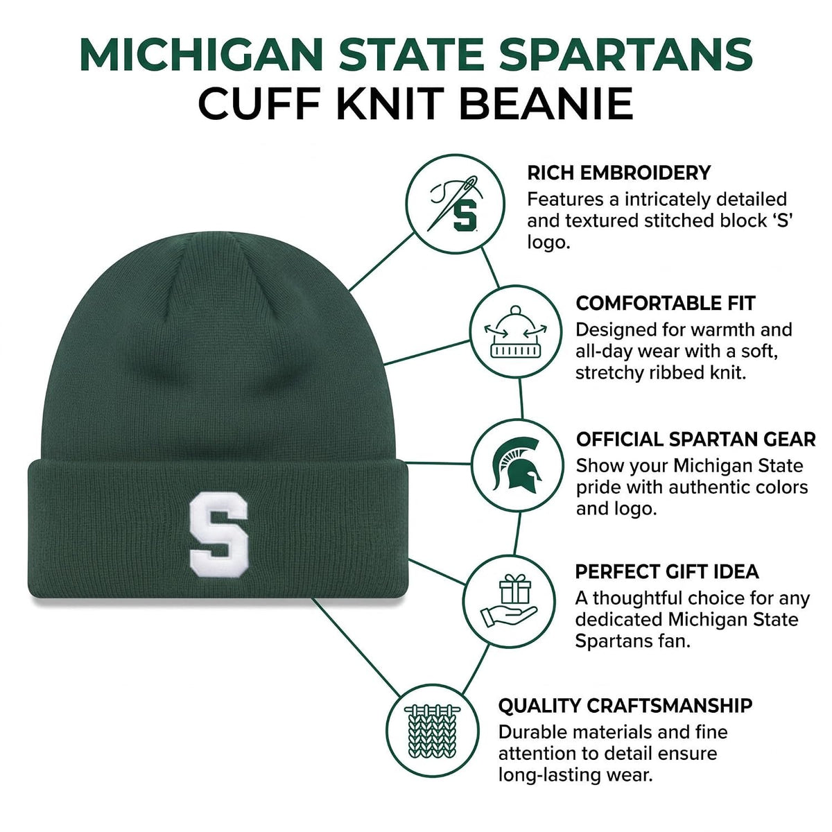Michign State Spartans Green Cuff Knit Beanie, Unisex Embroidered Logo Cap