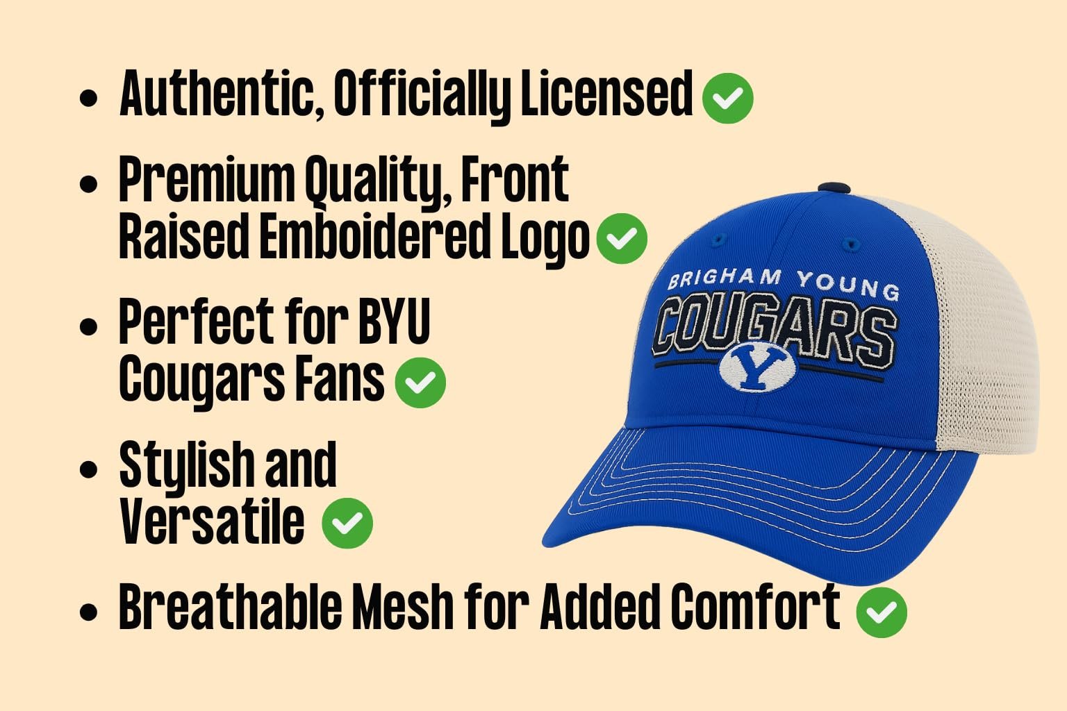 Officially Licensed BYU Hat Classic Mesh Trucker Adjustable Relaxed Fit Embroidered Team Logo Slouch Cap