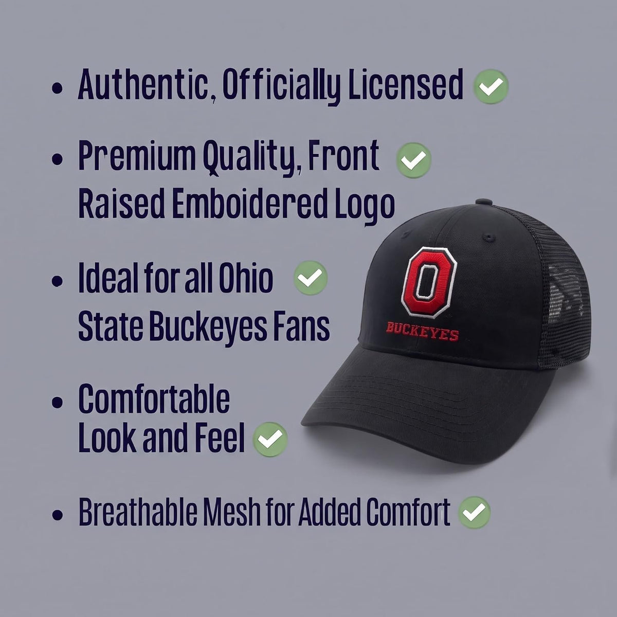 Officially Licensed Ohio State Black Mesh Trucker Hat Classic Edition Buckeyes Sports Team Logo Adjustable Structured Snapback Cap