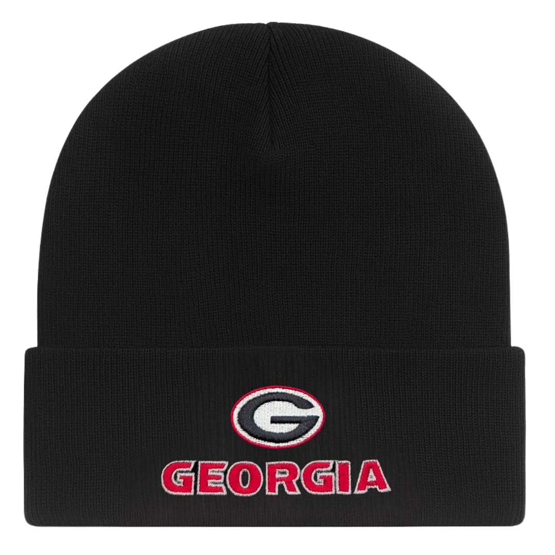 Officially Licensed Georgia Bulldogs Cuffed Knit Black/White Beanie Hat Classic Edition Bulldogs Embroidered Primary Team Logo Winter Red Sports Cap