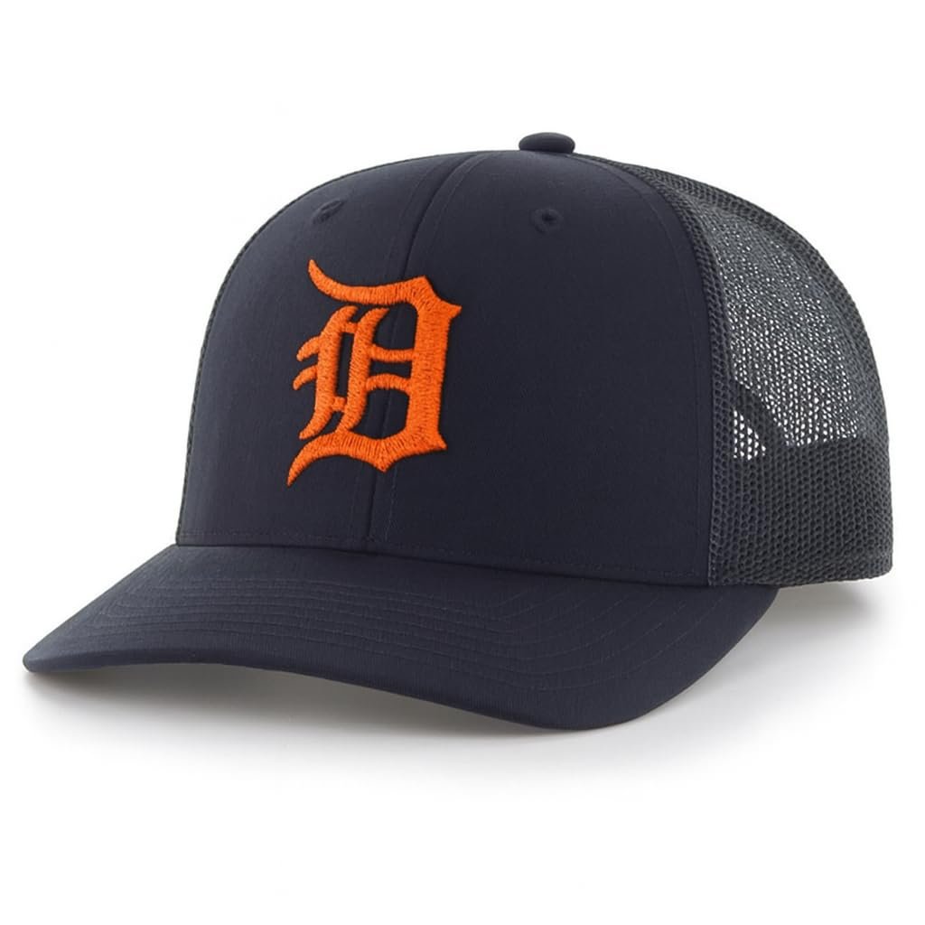 Officially Licensed Detroit Tigers Baseball Navy Blue/Orange Mesh Trucker Hat Classic MVP Tigers Primary Home Team Logo Adjustable Snapback Sports Ball Cap