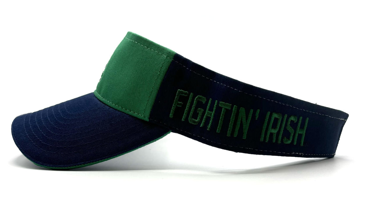 Officially Licensed Notre Dame Classic Sun Visor Hat Primary Team Logo Adjustable University Navy Blue/Green Embroidered Sports Cap
