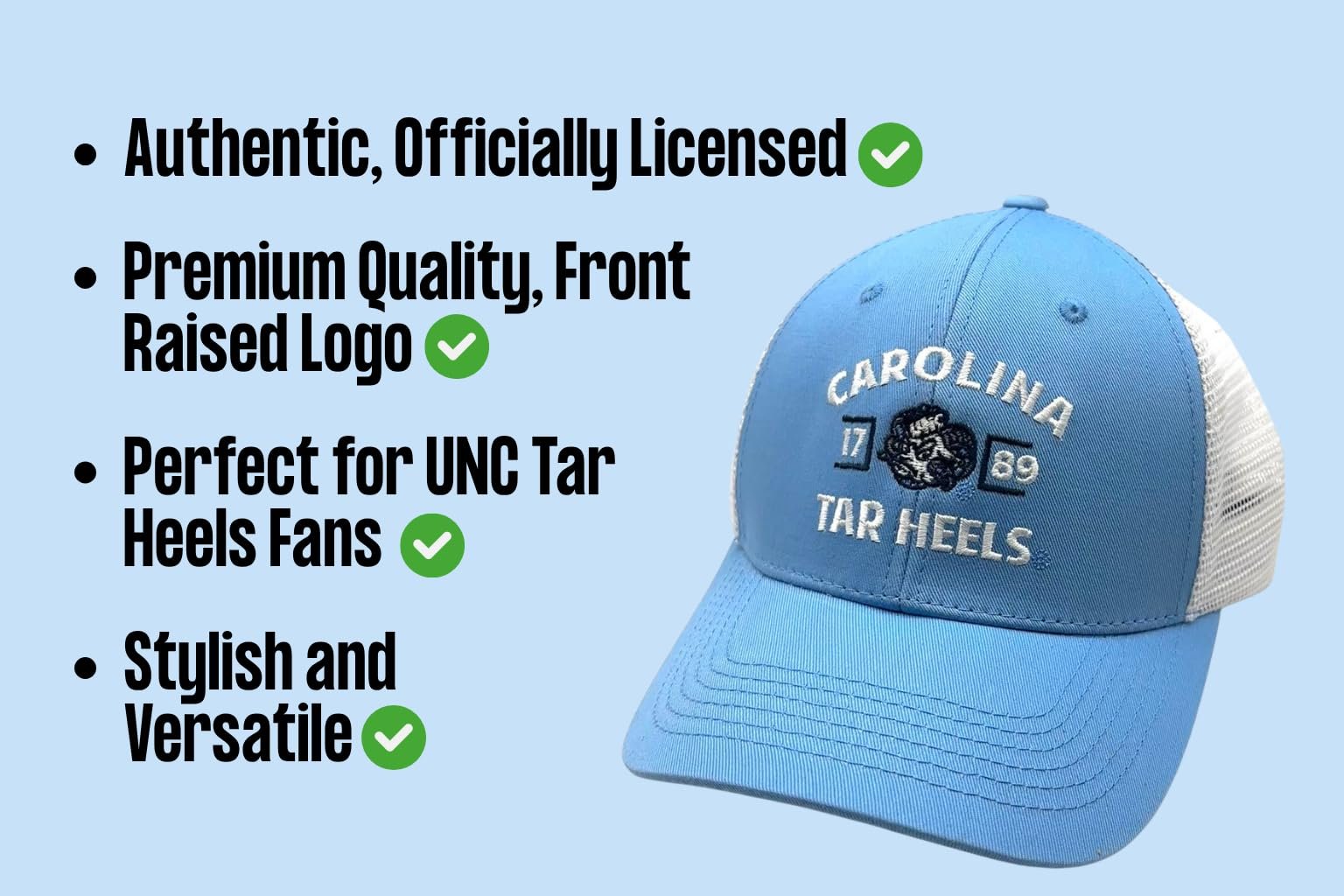 Officially Licensed UNC Tar Heels Hat Classic Mesh Trucker White/Blue Tar Heels Adjustable University North Carolina Team Logo Structured Snapback Baseball Sports Cap