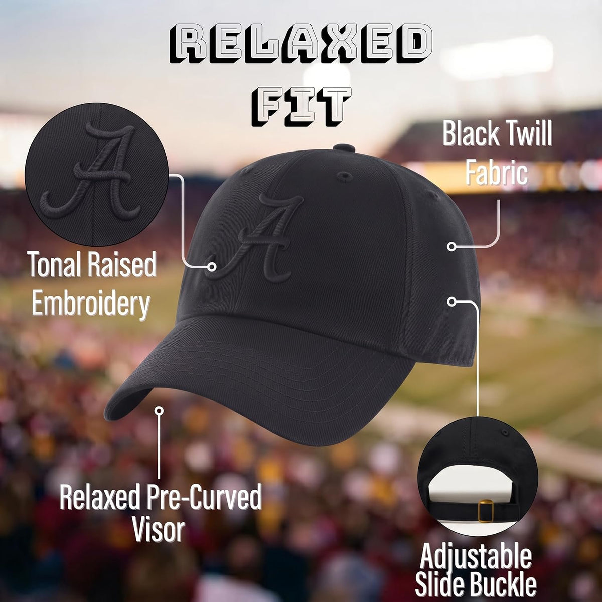 Officially Licensed Alabama University Classic Edition Black Relaxed Fit Hat Adjustable Embroidered Primary Team Logo Baseball Sports Cap
