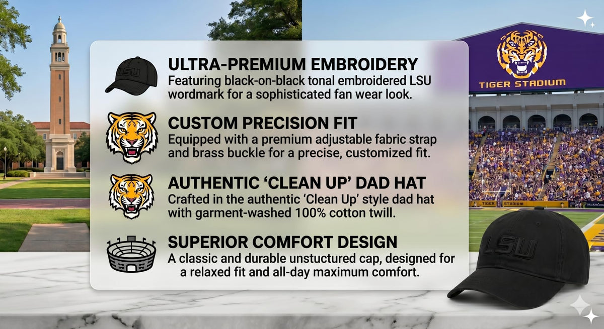 Officially Licensed LSU University Classic Edition Black Clean Up Hat Adjustable Relaxed Fit Tigers Primary Home Team Logo Embroidered Baseball Cap