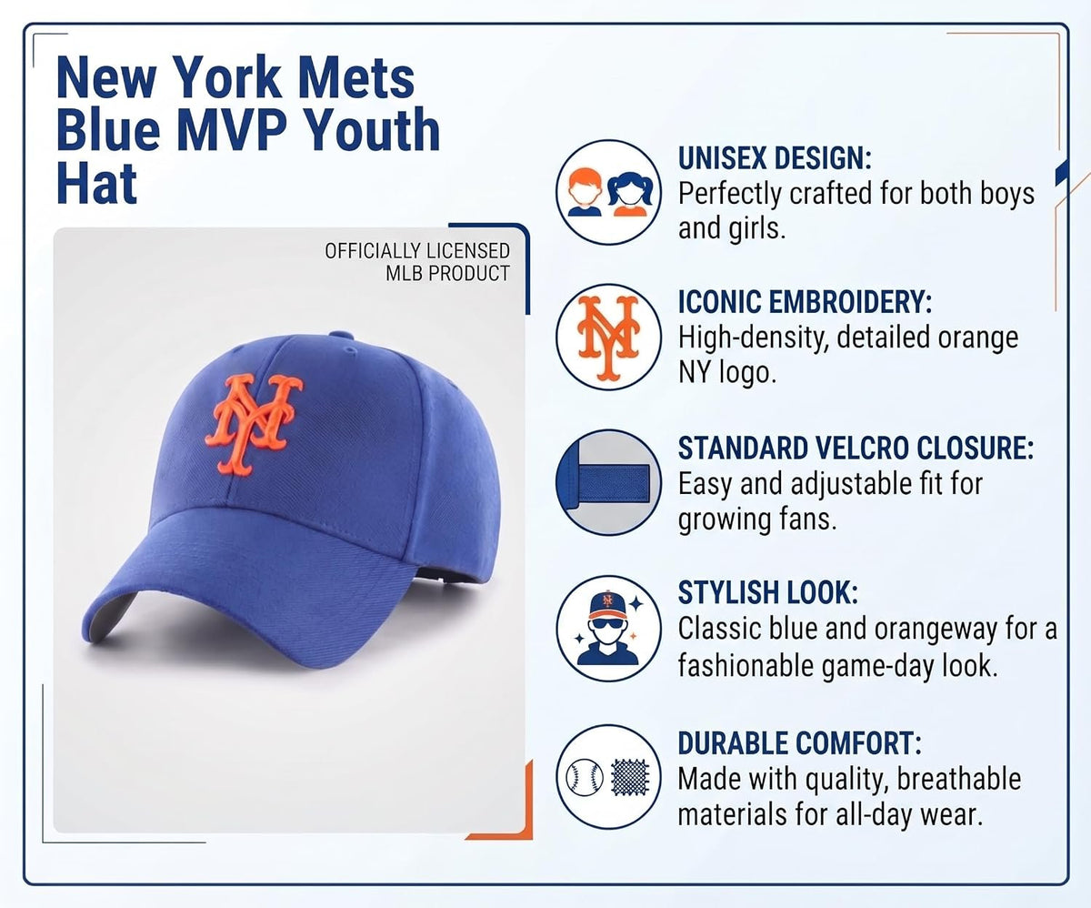 New York Mets MLB Youth MVP Hat Royal Blue Cap for Boys and Girls