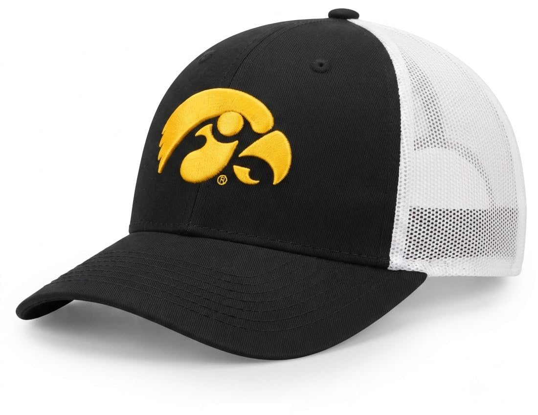 Officially Licensed Iowa Hawkeyes Black/White Mesh Trucker Hat Classic Adjustable Embroidered Logo Snapback Sports Cap