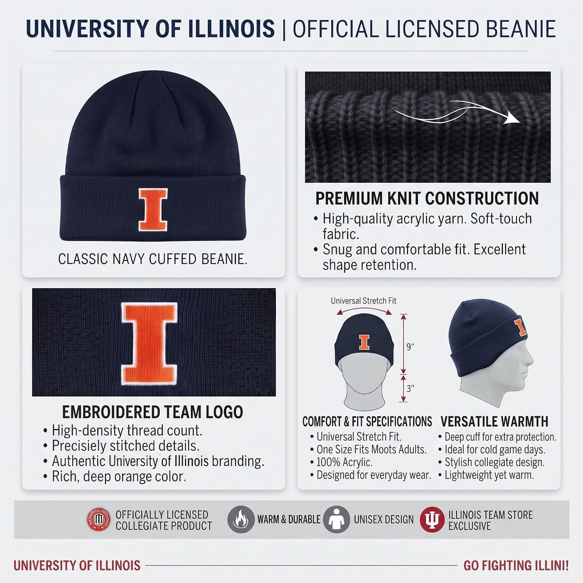 University of Illinois Fighting Illini Navy Cuff Knit Beanie Orange I Logo
