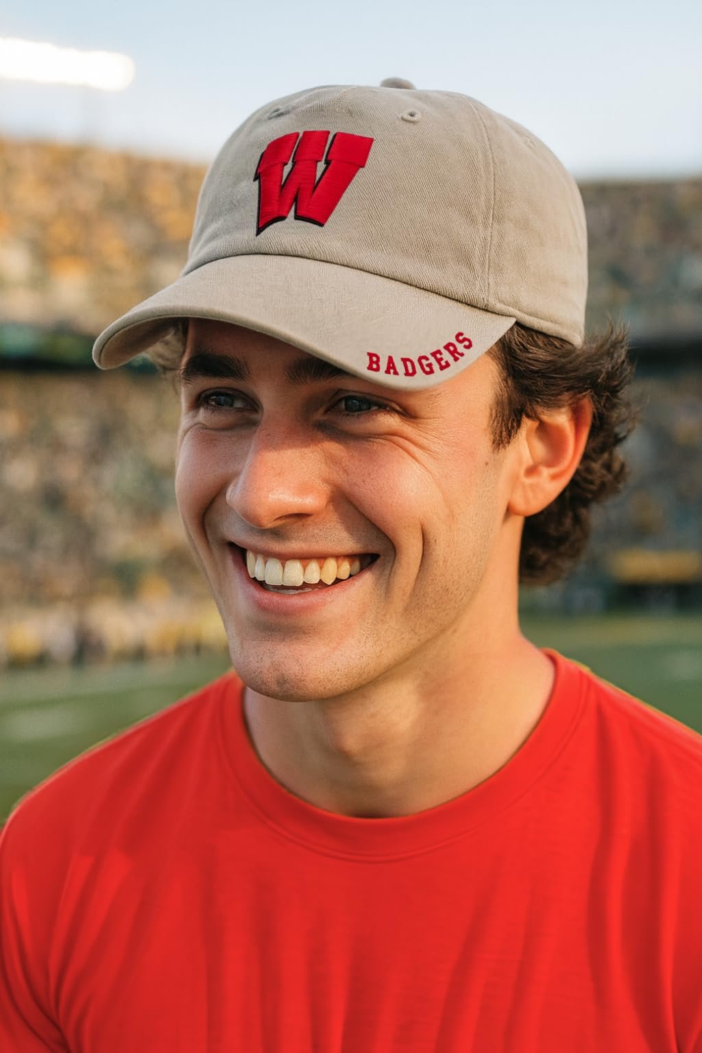 Officially Licensed University Wisconsin Badgers Classic Edition Gray/Red Clean Up Hat Primary Badgers Relaxed Fit Embroidered Team Logo Adjustable Sports Ball Cap