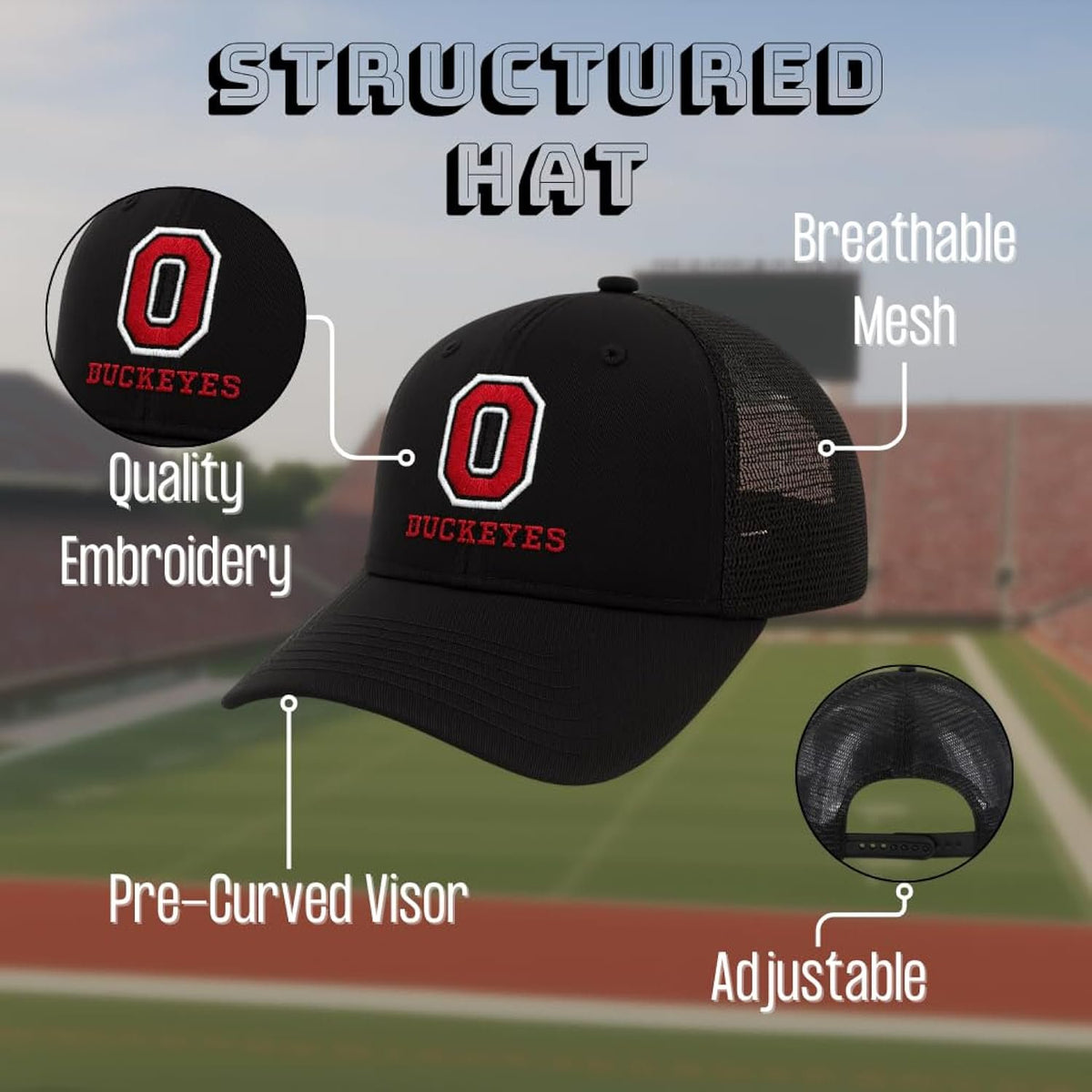 Officially Licensed Ohio State Black Mesh Trucker Hat Classic Edition Buckeyes Sports Team Logo Adjustable Structured Snapback Cap