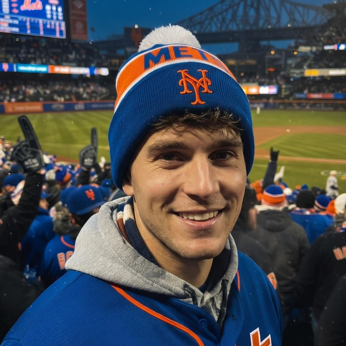 New York Mets Multicolor Cuff Knit Beanie with Pom Blue Orange, Unisex