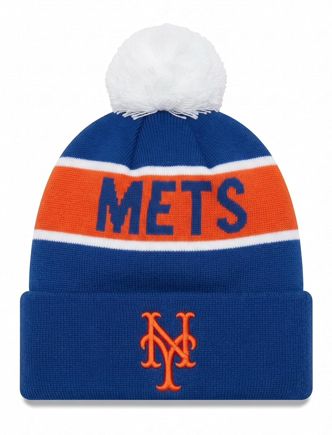 New York Mets Multicolor Cuff Knit Beanie with Pom Blue Orange, Unisex