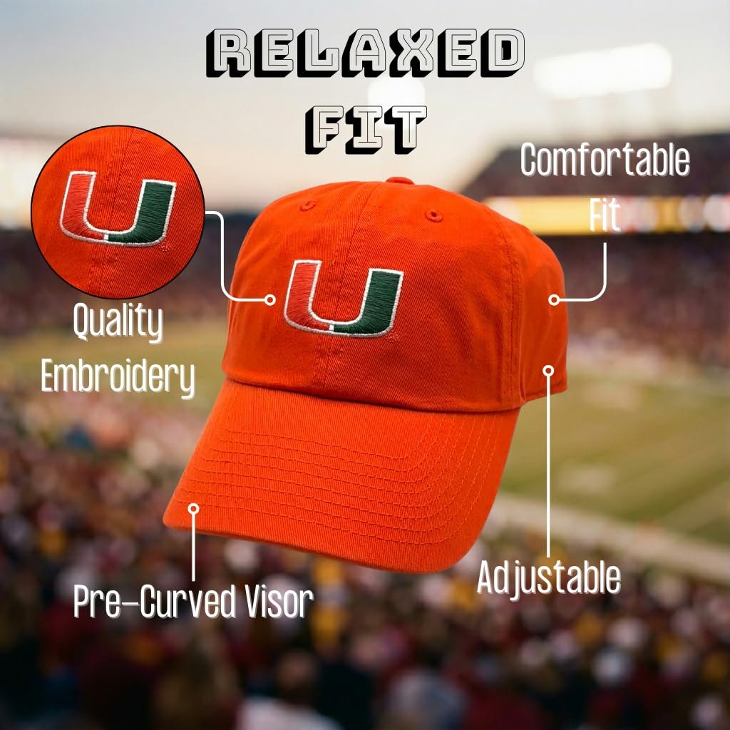 Officially Licensed University of Miami Hurricanes Orange Relaxed Fit Clean Up Hat Classic Embroidered Primary Home Team Logo Adjustable Baseball Sports Cap