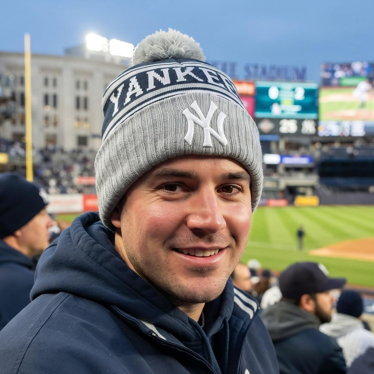 New York Yankees Navy & Gray Cuff Knit Pom Beanie, Iconic NY logo in front