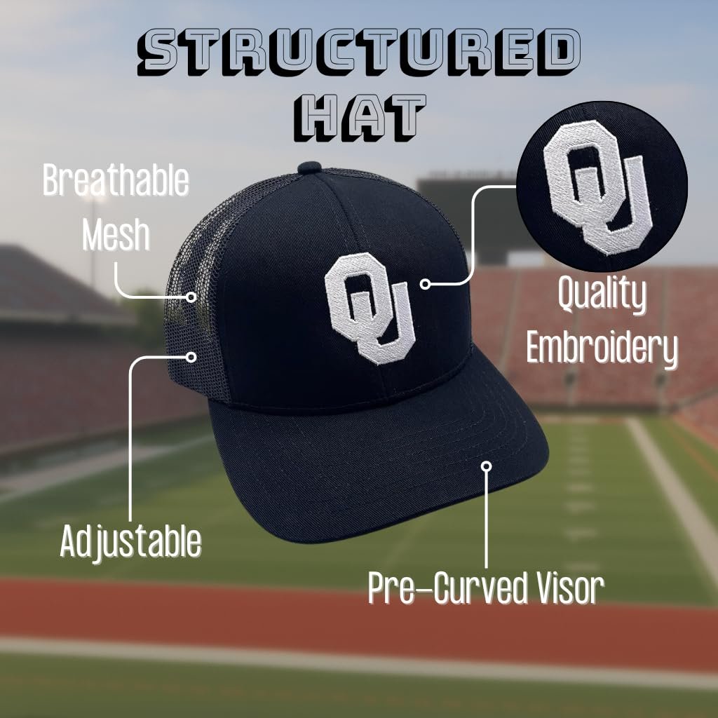 Officially Licensed Oklahoma University Sooners Black Mesh Trucker Hat Classic Team Logo Adjustable Structured Snapback Cap