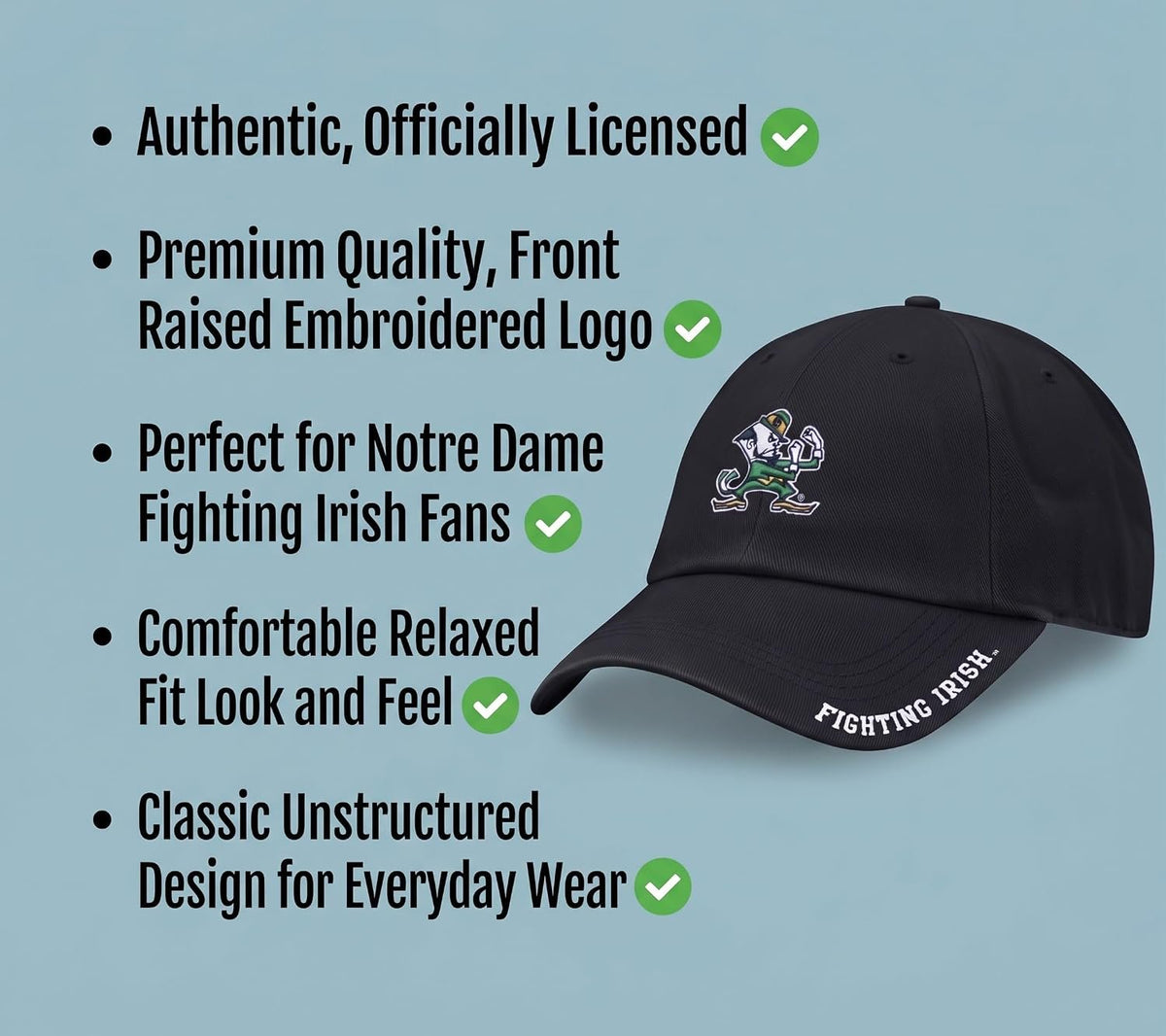 Notre Dame Relaxed Fit Black Captain Hat Embroidered Fighting Irish Cap