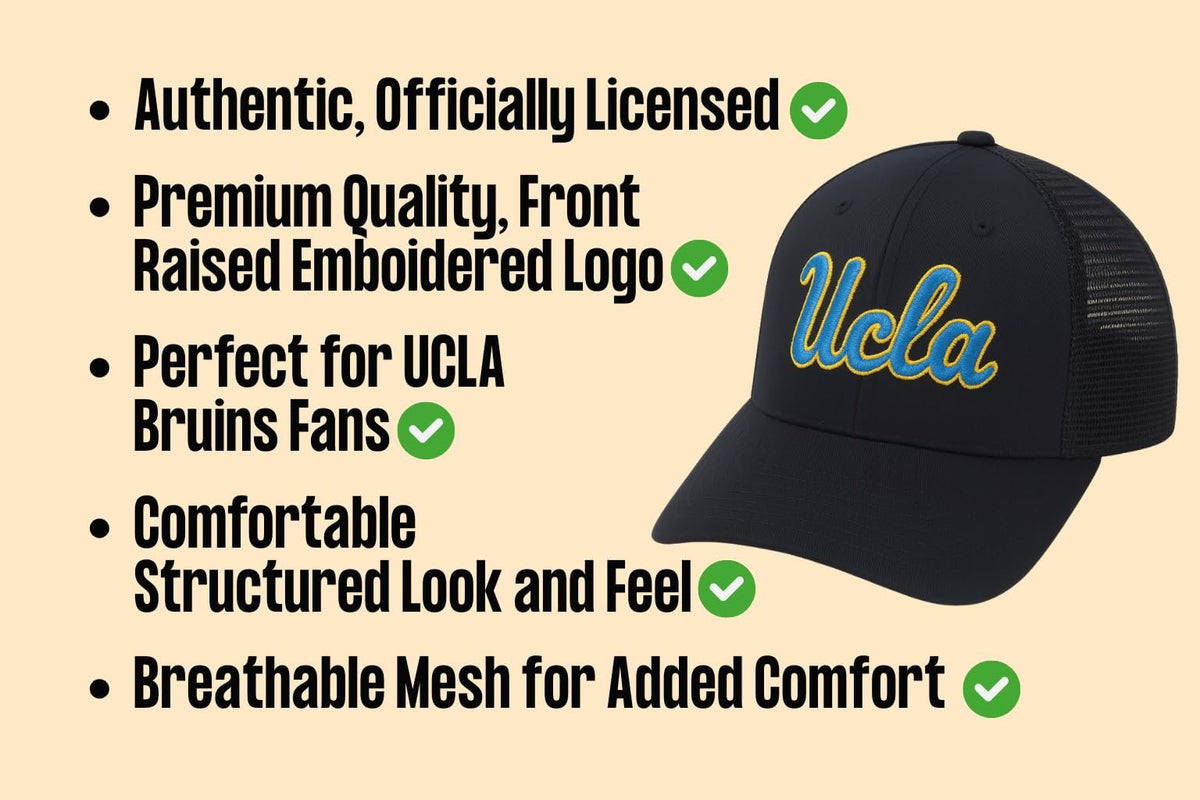 Officially Licensed University California Black Mesh Trucker MVP Hat Classic Edition Embroidered Team Logo Adjustable Structured Snapback Bruins Sports Cap