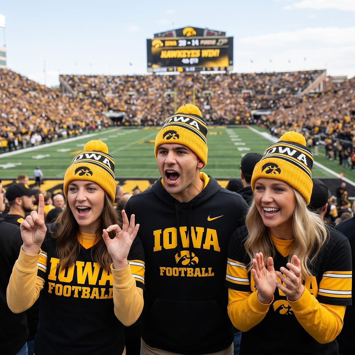 Iowa Hawkeyes Knit Cuff Snappy Beanie with Pom, Black & Gold